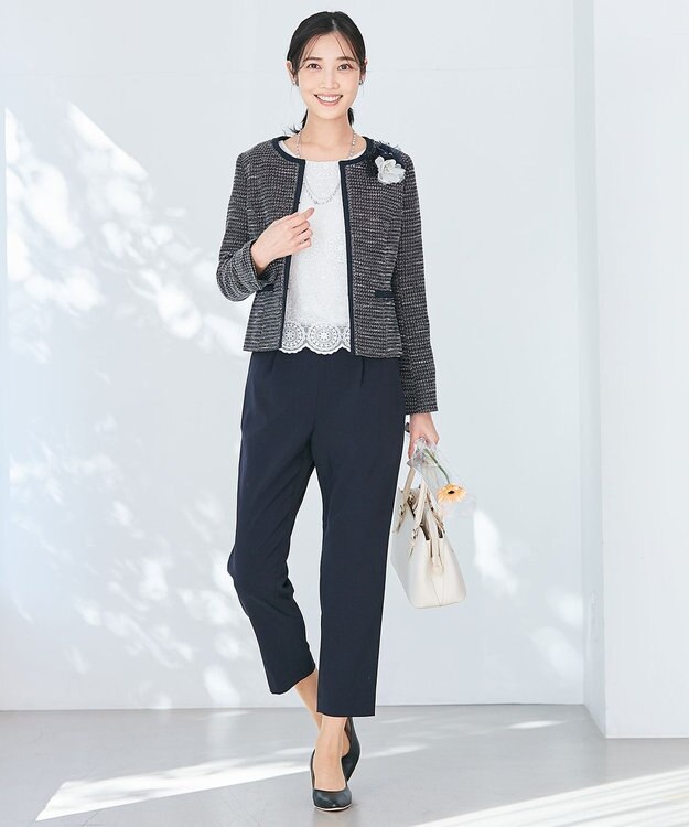 ANY SIS 【セットアップ対応】リップルボーダー ノーカラー ジャケット シャンブレーネイビー