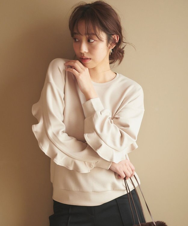 Feroux 【洗える】袖フリルダンボール プルオーバー ベージュ系