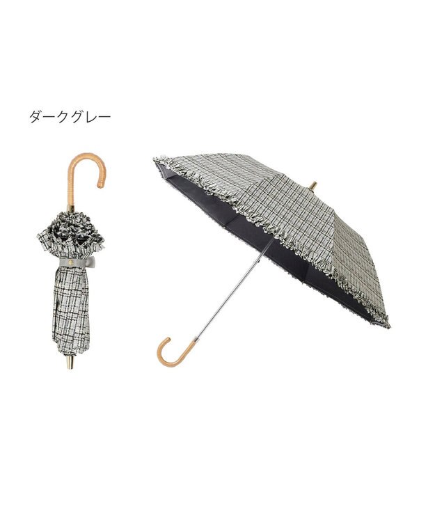 MOONBAT 【晴雨兼用日傘】LANVIN en Bleu (ランバン オン ブルー) 折りたたみ日傘 ドビーフリル 遮光 遮熱 UV ダークグレー（ツイードプリント）