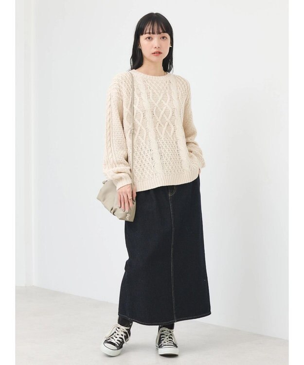 earth music&ecology ウォッシャブルケーブルプルオーバー Ivory