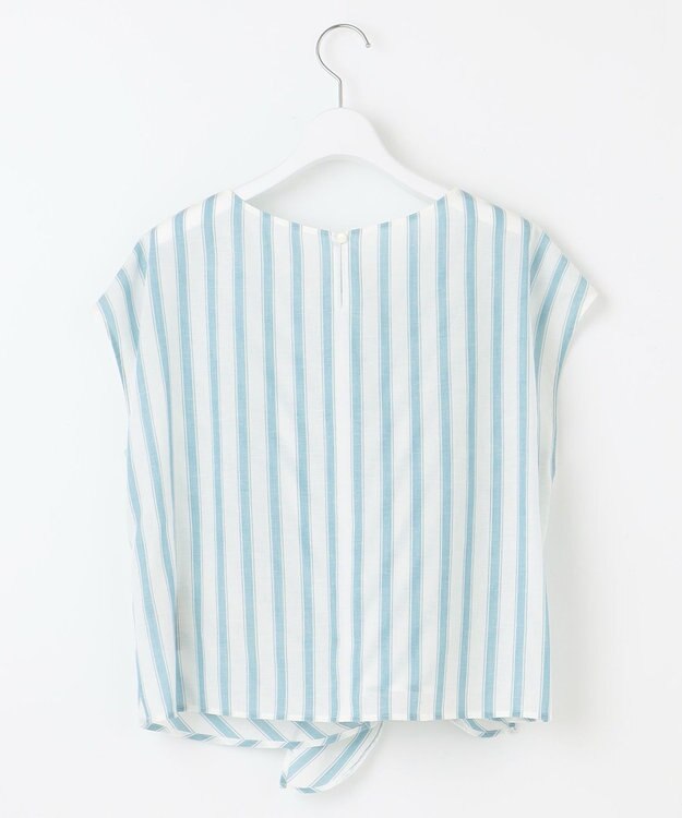 自由区 L 【洗える】テンセルリネンリボン ブラウス オフ×ブルーストライプ