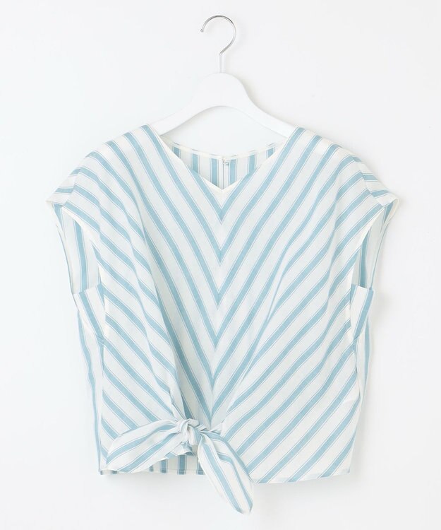 自由区 S 【洗える】テンセルリネンリボン ブラウス オフ×ブルーストライプ