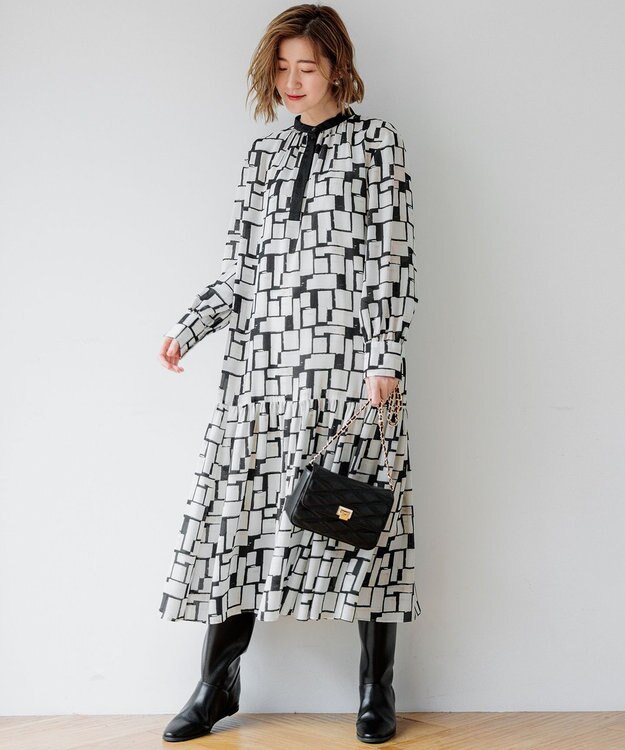 23区 S 【洗える】ARGENTI コラージュプリント ワンピース ブラック系