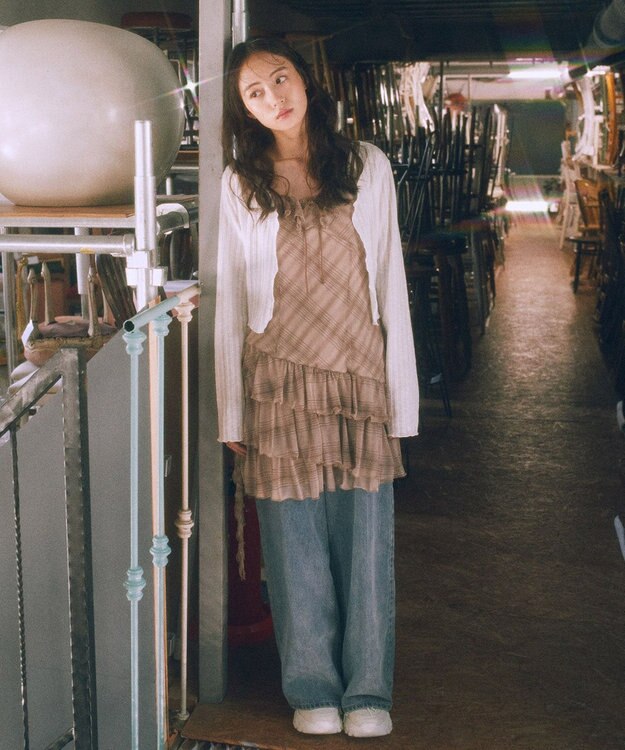 earth music&ecology フロントリボンチェックミニキャミワンピース Check Brown