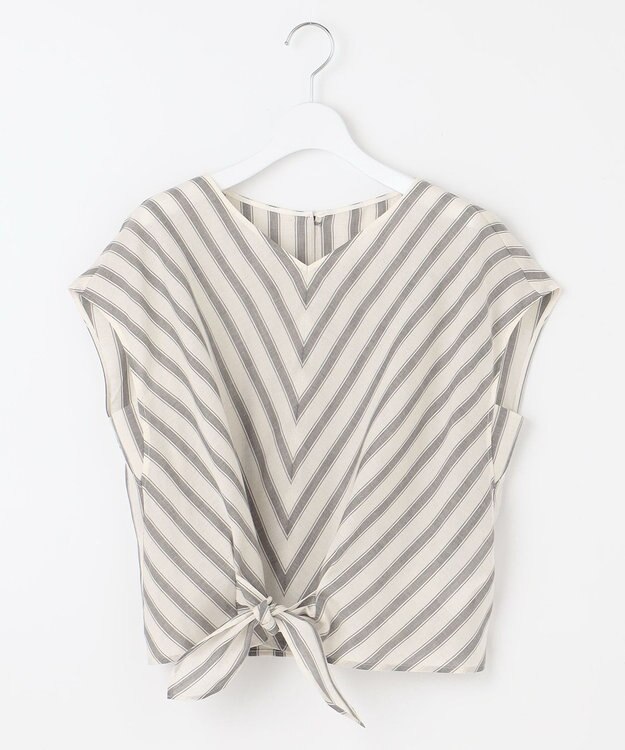 自由区 L 【洗える】テンセルリネンリボン ブラウス フラックス×スレートストライプ