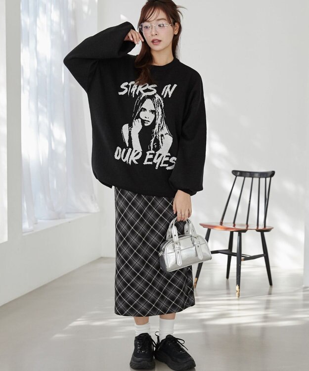 WEGO グラフィックBIGニットプルオーバー ブラック