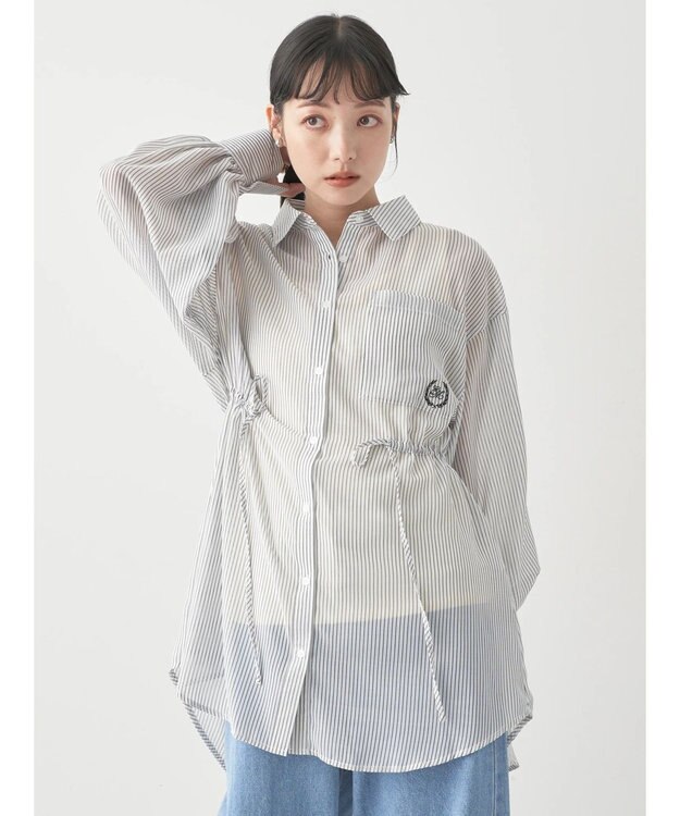 earth music&ecology ワンポイント刺繍ロングシャツ Stripe Navy