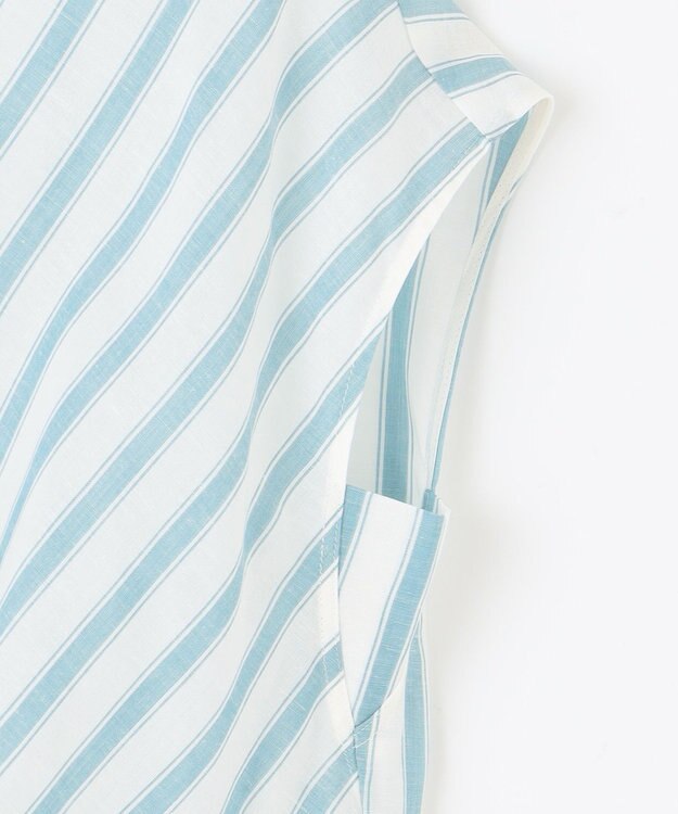 自由区 L 【洗える】テンセルリネンリボン ブラウス オフ×ブルーストライプ