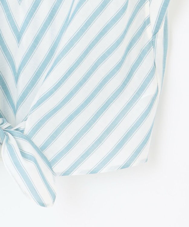 自由区 L 【洗える】テンセルリネンリボン ブラウス オフ×ブルーストライプ