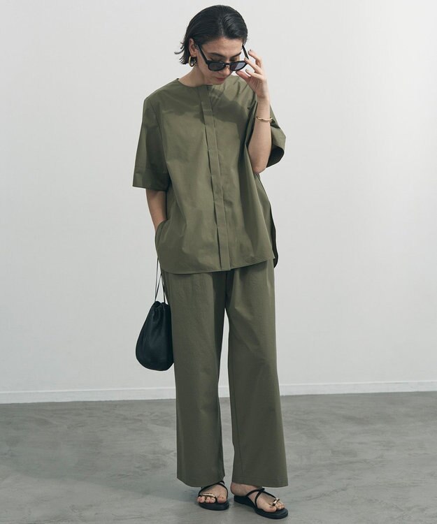 UNFILO 【セットアップ着用可/ウエストゴム】FINE MOVE ギャザーワイドパンツ カーキ