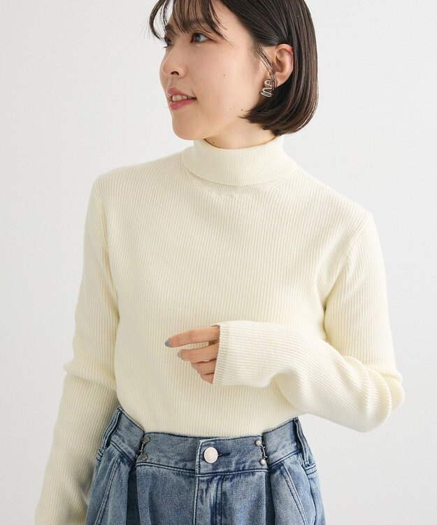 Green Parks チクチクしないリブタートルニットプルオーバー Ecru