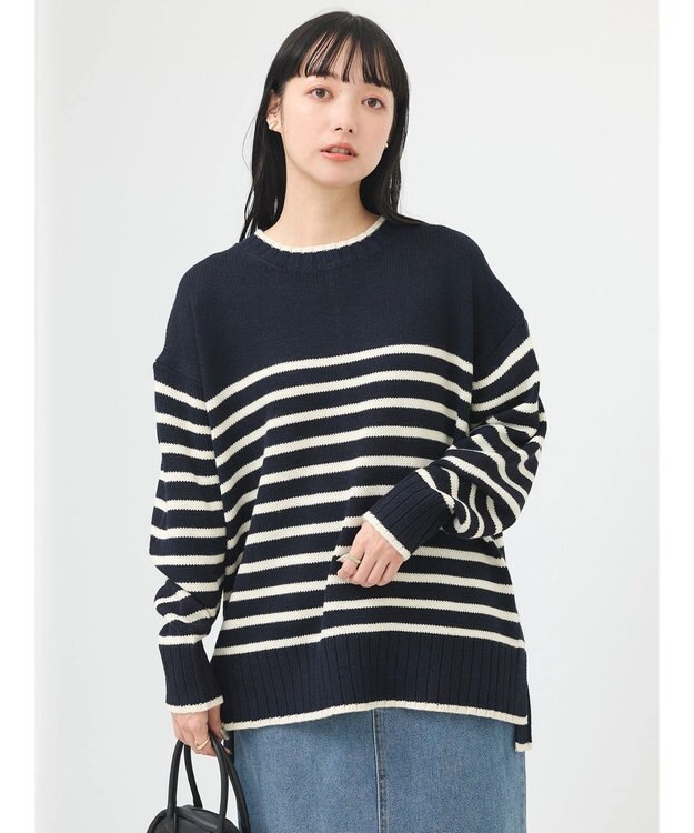 earth music&ecology ウォッシャブル脇スリットクルーネックプルオーバー Border Navy