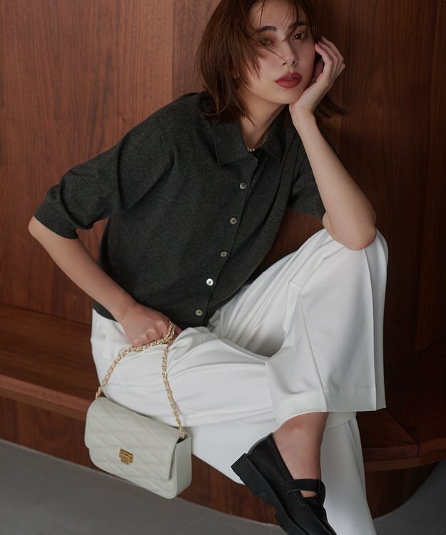 23区 ヴィスコースストレッチ ポロニット カーディガン ブラック 32サイズ 洗える/吊り干しOK】ヴィスコースストレッチ ポロニット