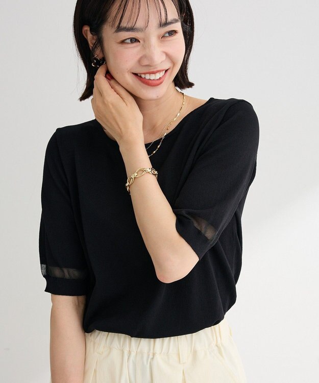 Green Parks 袖シアーニットプルオーバー Black