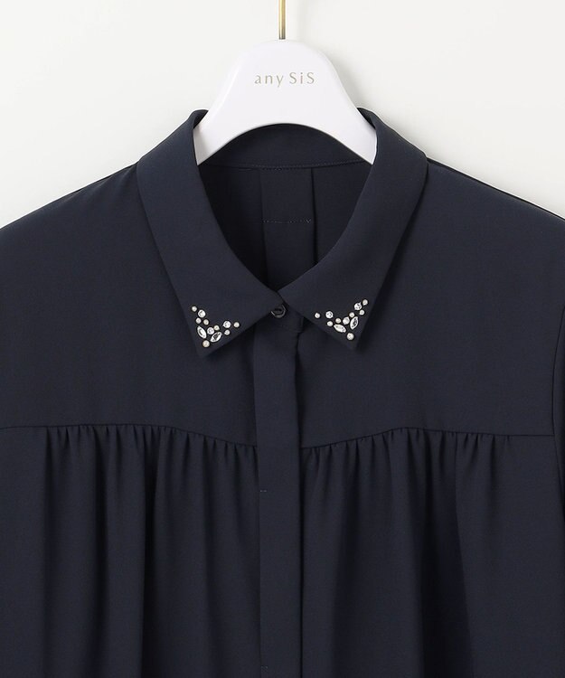 ANY SIS 【洗える】ビジュー ブラウス ネイビー