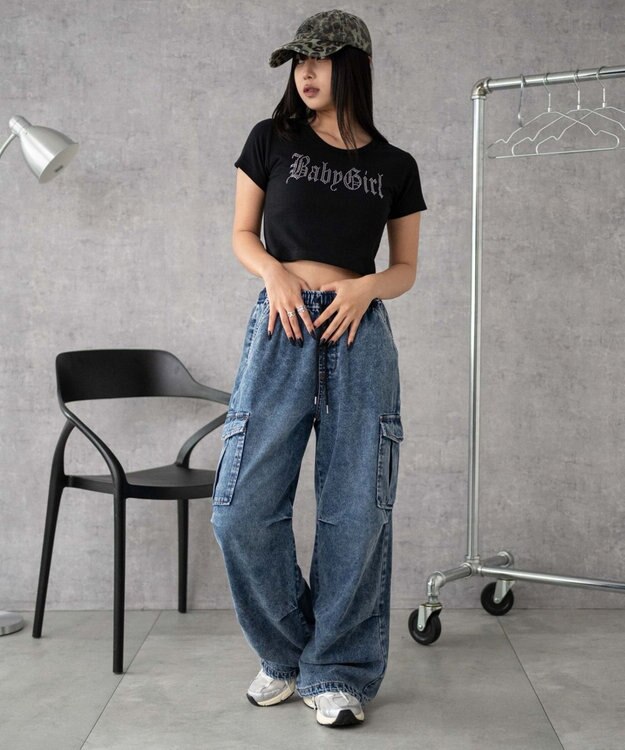 WEGO 【XS～Mサイズ展開/ウエストゴム 】デニムイージーパラシュートカーゴパンツ デニム中濃加工色