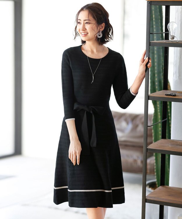 Tiaclasse L 【洗える】リップル編みニットワンピース ブラック×グレージュ