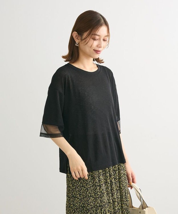 Green Parks 袖チュールドッキングシアー５分袖プルオーバー Black