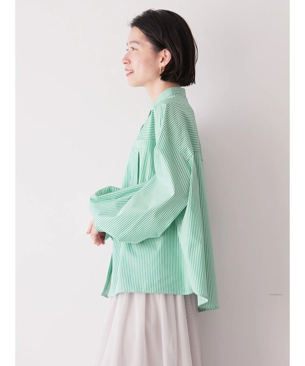 AMERICAN HOLIC イージーケア切替タックワイドシャツ Stripe Green