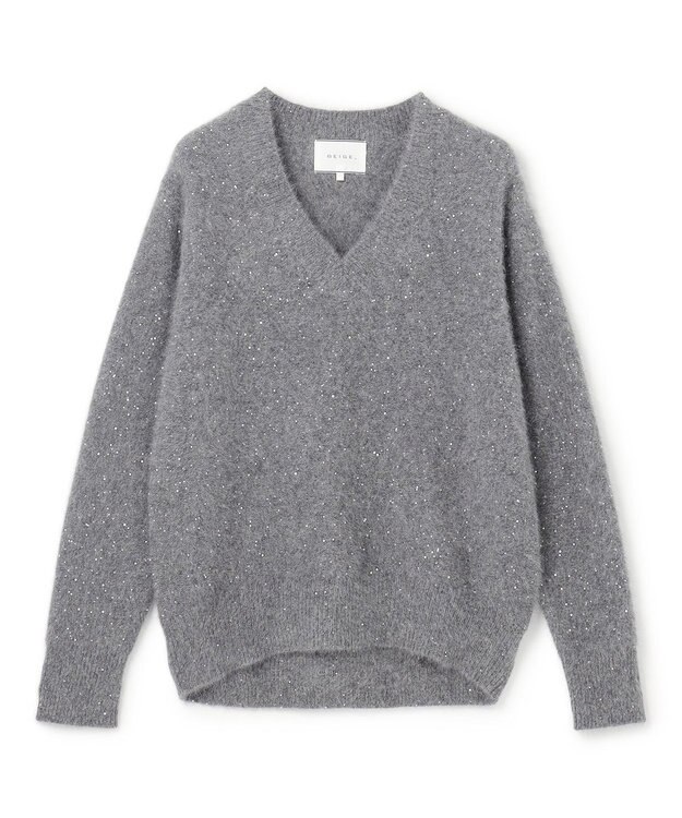 BEIGE， AMARILLO / スパンコールフォックスVネックニット M.Gray