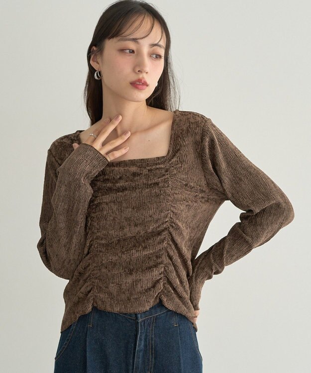 earth music&ecology プリーツベロア風ギャザープルオーバー Brown