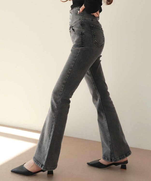 WEGO 【ストレッチ/美脚/脚長シルエット/XSSMサイズ展開】ハイウエストストレッチフレアデニムパンツ ブラックその他