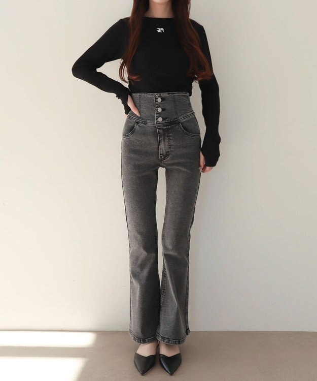 WEGO 【ストレッチ/美脚/脚長シルエット/XSSMサイズ展開】ハイウエストストレッチフレアデニムパンツ ブラックその他