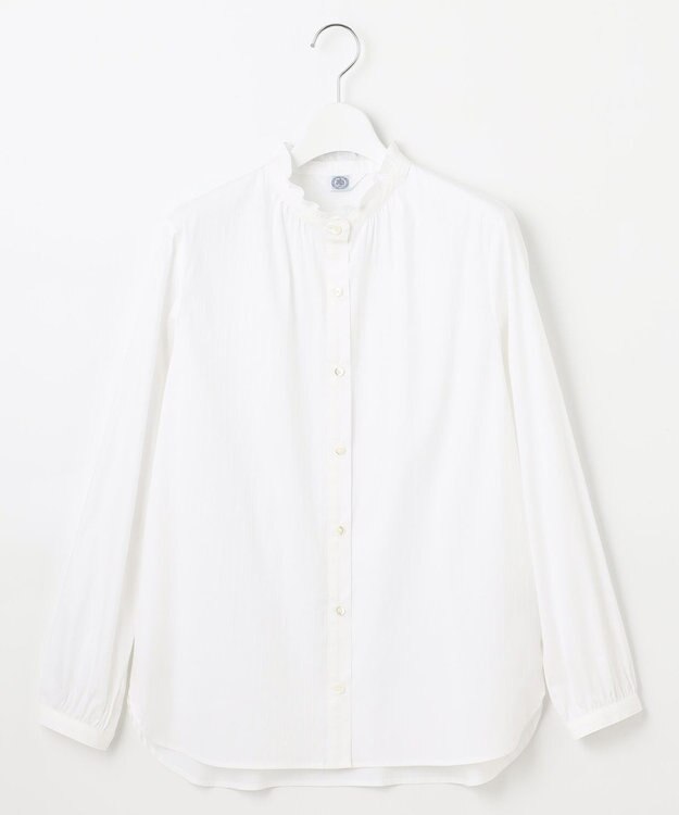 J.PRESS LADIES 【洗える】BEZ ドビーストライプ フリルネック ブラウス ホワイトストライプ系