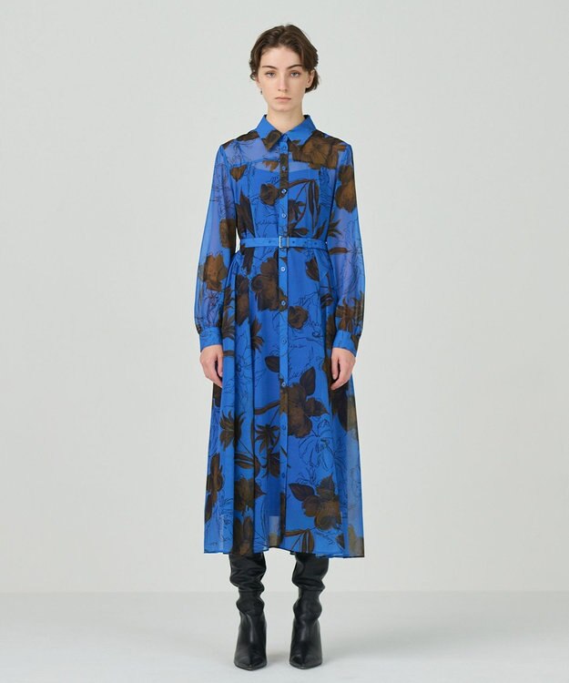 GRACE CONTINENTAL リボン付ロゴフラワープリントワンピース ブルー