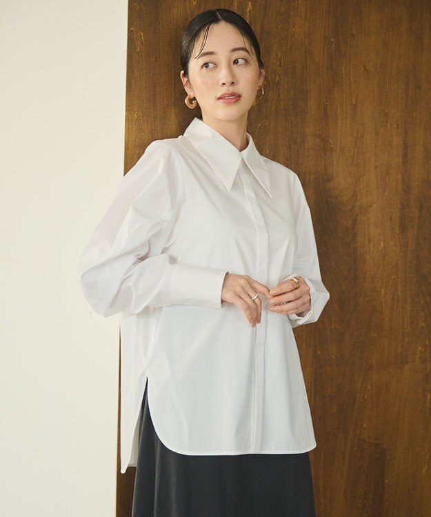 #Newans 【アイロンいらず】尖り襟ギャザースリーブブラウス ホワイト