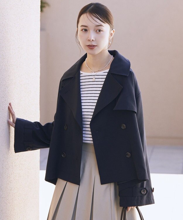 earth music&ecology 2WAYフードショートフレアトレンチ Navy