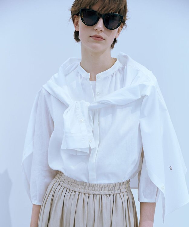 J.PRESS LADIES 【洗える・接触冷感・吸水速乾】麻SOLID バンドカラー シャツ ブラウス ホワイト系