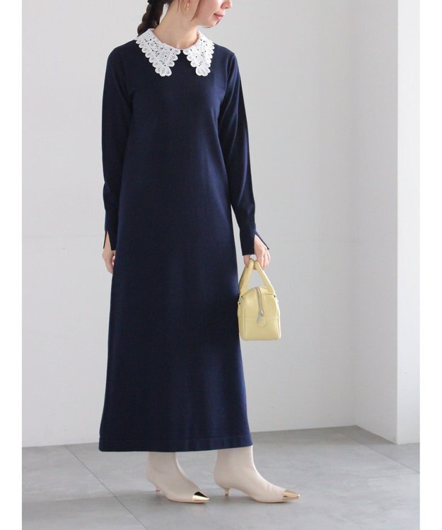 Te chichi レース衿ニットワンピース ネイビー