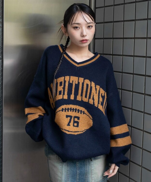 WEGO 【25年秋冬新作】フラッフィーVネックニットBIGプルオーバー ネイビー