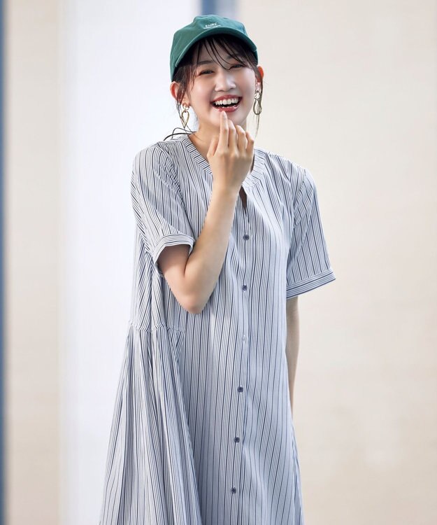 Tiaclasse L 【洗える】サイドタックスキッパーシャツワンピース ネイビー