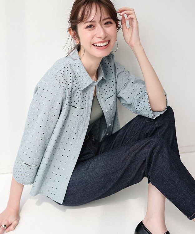 組曲 S エンブロイダリーレース襟付 ブラウス スモーキーミント系