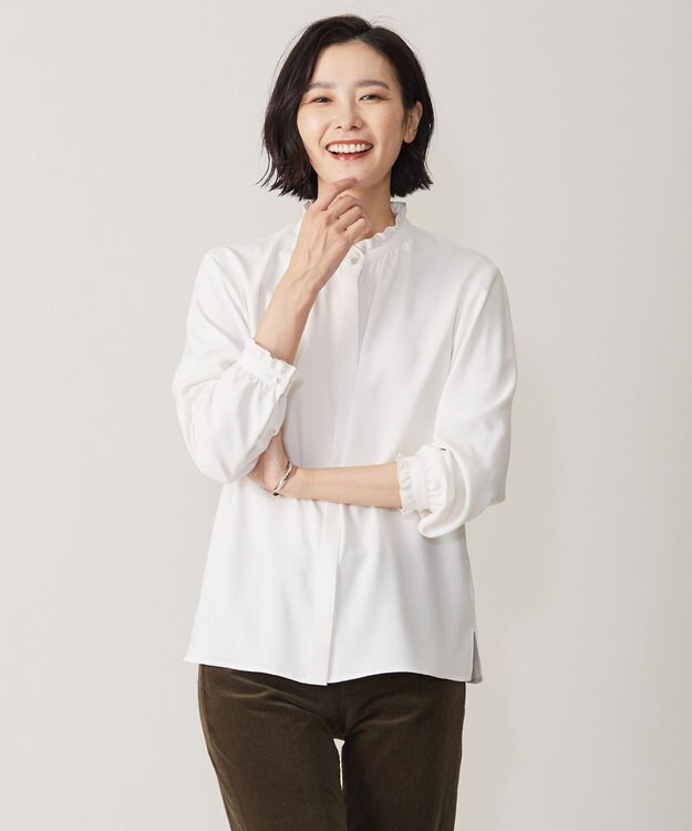 J.PRESS LADIES L 【洗える】ヌーディスバックサテン フリル襟 ブラウス アイボリー系