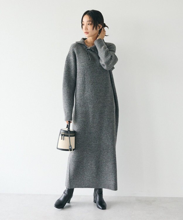 CRAFT STANDARD BOUTIQUE 洗える/ハイネックネップニットワンピース Charcoal Gray