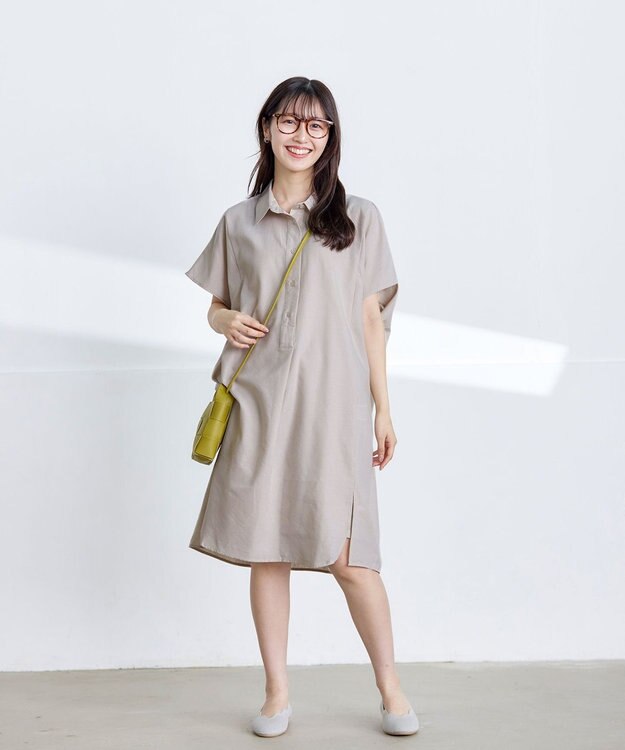 Tiaclasse 【洗える】フレンチスリーブリネンチュニックシャツ ベージュ