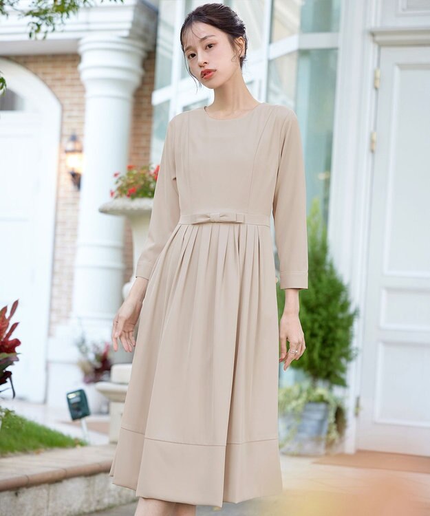 Tiaclasse L 【セレモニー・新色追加】リボンベルトフレアワンピース グレージュ