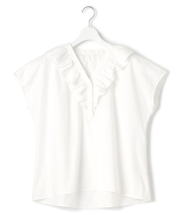 23区 L 【一部店舗限定/洗える】ハイカウントウェザーストレッチ フリル ブラウス ホワイト系