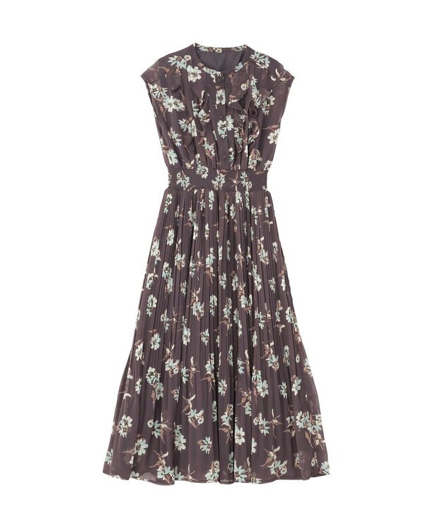 YECCA VECCA フラワー柄フリルプリーツワンピース Brown