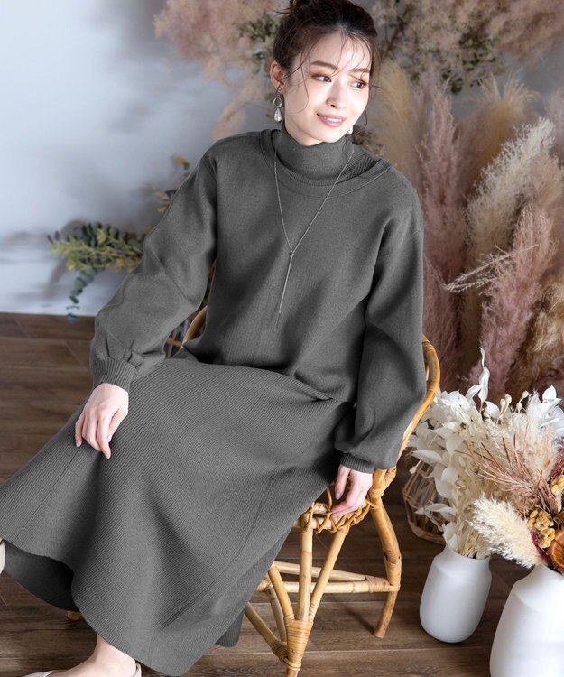 Tiaclasse 【洗える】大人上品なニットカーデ＋ワンピースセット グレー