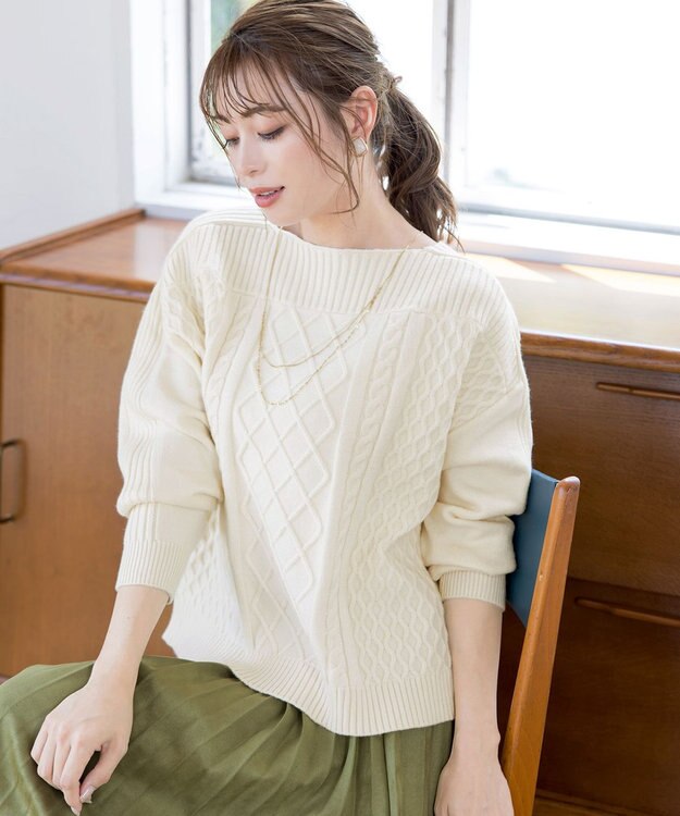 Tiaclasse L 【洗える】ケーブル編みドルマンニットトップス オフホワイト