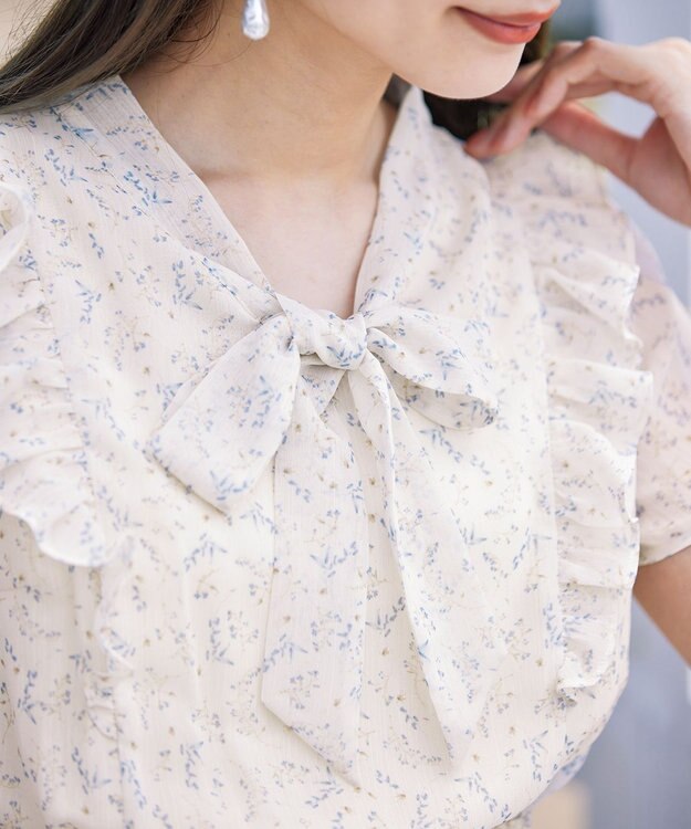 Tiaclasse 【洗える】花柄ボウタイフレアワンピース アイボリー