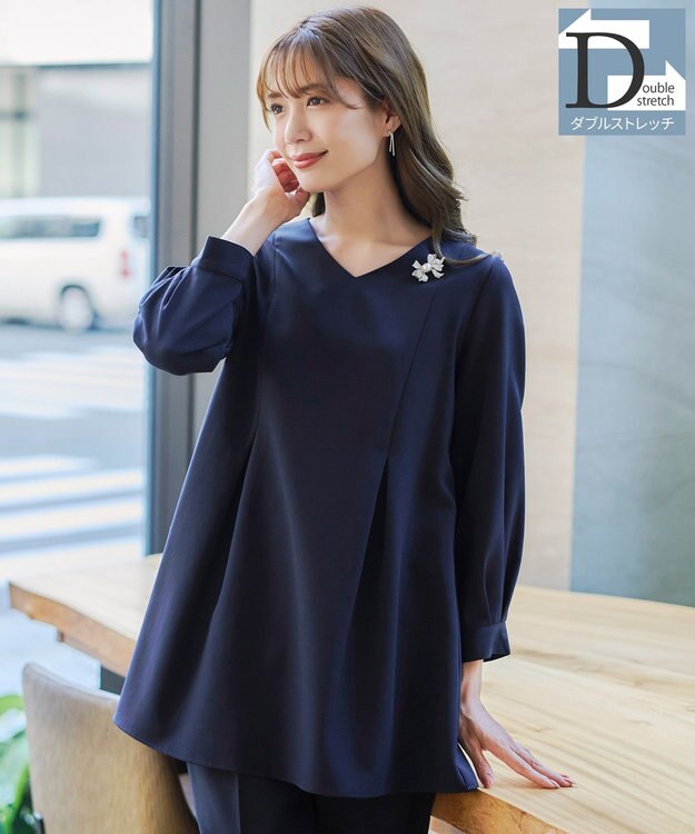 Tiaclasse 【ダブルストレッチ・洗える】バックベルトチュニックブラウス ネイビー