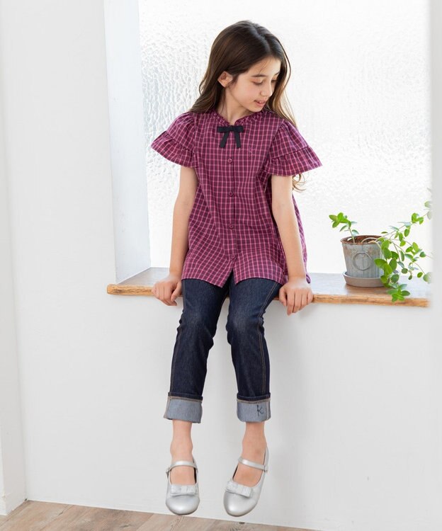 組曲 KIDS 【110-140㎝】チェックラッフル ブラウス ラズベリー系3