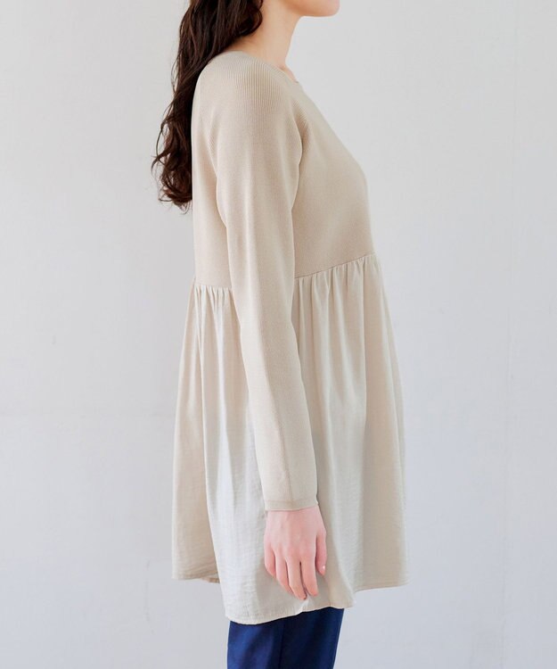 Tiaclasse L 【洗える】ヴィンテージサテンドッキングニットチュニック グレージュ