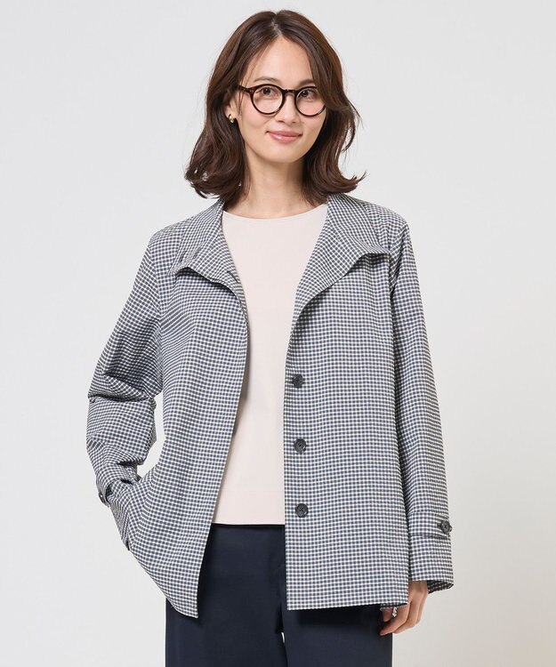 J.PRESS LADIES Lightストレッチチェック スタンドカラー コート ダークネイビーギンガム系