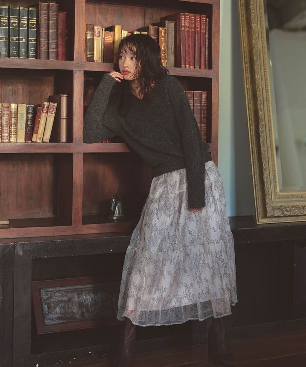 Feroux ニット×ティアードレース スカート グレー系